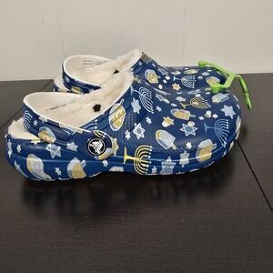 Crocs Classic Lined Hanukkah Clogs  Size J3 Blue Slip On Shoes 209327-90H‎